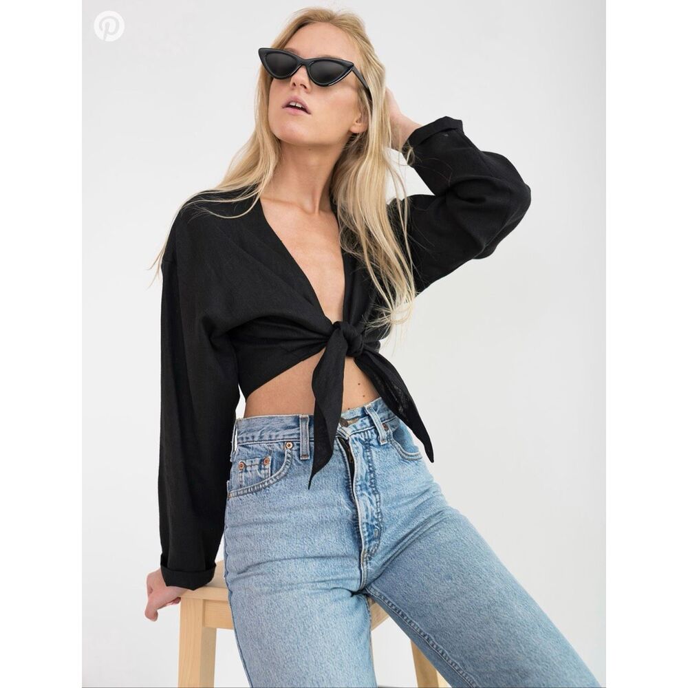 Love and Confuse THEA Linen Tie Front Crop Top size S